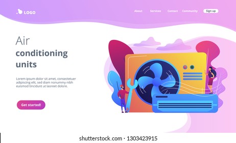 Air conditioner repair worker and wrench  service   maintenance  Air conditioning  smart cooling system  air conditioning units concept  Website vibrant violet landing web page template 