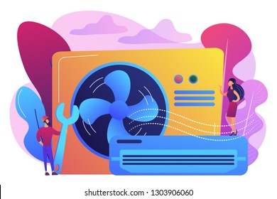 Air conditioner repair worker and wrench  service   maintenance  Air conditioning  smart cooling system  air conditioning units concept  Bright vibrant violet vector isolated illustration