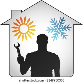 Air conditioner repairman with tool in hand. Repair worker with a wrench in his hand