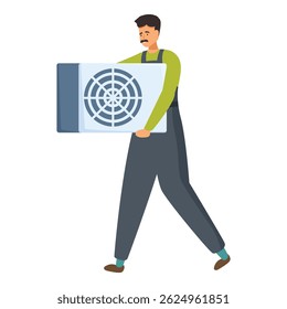 Air conditioner repairman is walking and carrying a new air conditioner unit