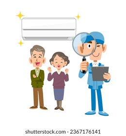 An air conditioner, a senior couple, and a male worker looking through a magnifying glass