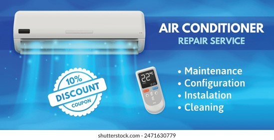 Air conditioner service. HVAC repair and maintenance service flyer banner with discount coupon and realistic air conditioner with cold air vector illustration