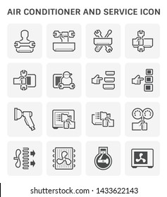 Air Conditioner Service Icon. Such As Repair, Fix, Install, Maintenance, Cleaning Etc. By Engineer, Technician Or Electrician. Including With Toolbox, Wrench, Equipment And Part. Vector Icon Set.