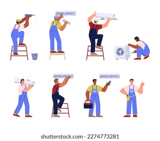 Air conditioner service technician working, set of flat vector illustrations isolated on white background. Cooling system repair, cleaning, maintenance and installation.