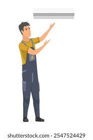 Técnico de servicio de aire acondicionado trabajando, Ilustración vectorial plana aislada sobre fondo blanco. Reparación, limpieza, mantenimiento e instalación del sistema de refrigeración.