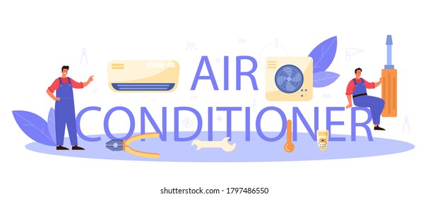 Air conditioner service typographic header. Repairman installing, examining and repairing conditioner with special tools and equipment. Isolated vector illustration