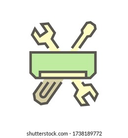 Air conditioner service vector icon. Include evaporator indoor unit part of HVAC system, spanner screwdriver tool or equipment for install, check, inspection, cleaning, fixing, repair, maintenance.