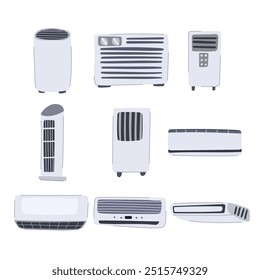 ar condicionado conjunto cartoon. refrigerante termostato, condensador compressor, ventilação de dutos sinal de ar condicionado.