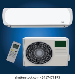 Air conditioner set on a blue background realistic vector illustration