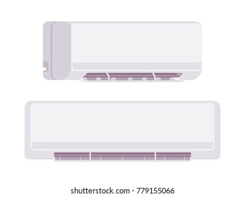 Air conditioner set. System for cooling air in an office building, room for comfortable interior environment. Vector flat style cartoon illustration isolated on white background, different positions