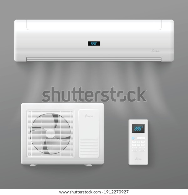Air conditioner and split air\
control system templates set, realistic vector illustration\
isolated on grey background. Air conditioning appliances\
collection.