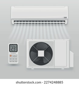 Ilustración vectorial realista del dispositivo de control del climatizador interior del sistema de aire acondicionado. Tecnología de refrigeración de la tecnología de ventilación de control de temperatura con equipo de ventilador del compresor de viento de potencia remota