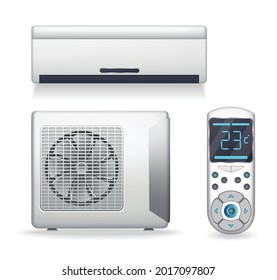 Air Conditioner System - Realistic Set With Cooling Or Heating Equipment. Electronic Appliance Or Device To Clean, Freshen And Circulate Air. Color Indoor And Outdoor Units. Icon On White Background