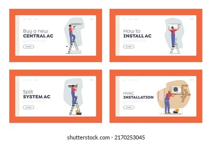Juego de plantillas de la página de inicio de instalación de sistemas de aire acondicionado. Instalación, examen y reparación de equipos de refrigeración con herramientas e instrumentos de reparación de caracteres Reparman. Ilustración de vectores de personas de caricatura