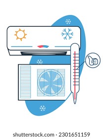 Air conditioner unit emblem for repair services and branding, flat vector illustration isolated on white background. Temperature control and air conditioning in the heat.
