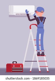 Air Conditioner unit installation, fixing, ac repair. Service technician, professional installer of conditioning system working on ladder to mount split system. Vector flat style cartoon illustration