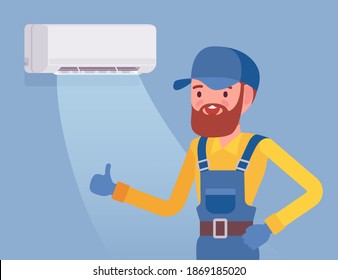 Air Conditioner unit proper work, use, regular maintenance. Professional repair technician done his expert assistance, happy with good ac, working split system. Vector flat style cartoon illustration