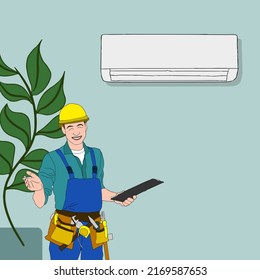 Air Conditioner unit proper work, use, regular maintenance. Professional repair technician done his expert assistance, happy with good ac, working split system. Vector flat style cartoon illustration