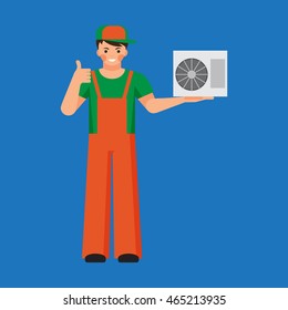 Air conditioner unit repair and installing concept. Colorful vector flat illustration.