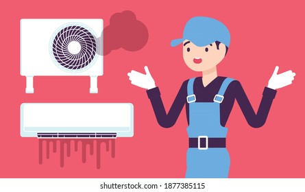 Air Conditioner unit system breakdown, damage after neglecting a regular maintenance. Repair technician in trouble, puzzled with broken ac, split system problem. Vector creative stylized illustration