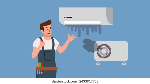 Air Conditioner unit system breakdown, damage after neglecting a regular maintenance. Repair technician in trouble, puzzled with broken ac, split system problem. Vector flat style cartoon illustration