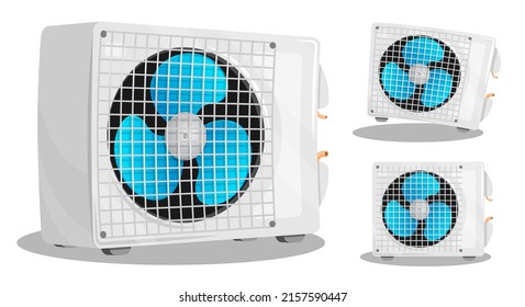Air conditioner unit with three bladed fan. Room cooling and heating. Maintaining comfortable temperature in office. Cartoon vector isolated on white background