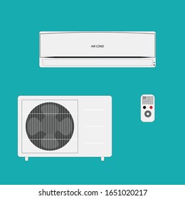 Air Conditioner Vector with outdoor fan compressor and remote.