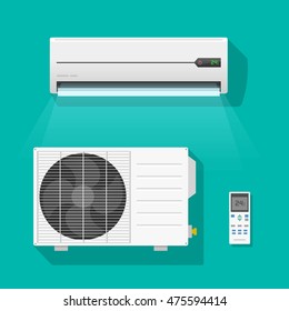 Air conditioner vector set isolated on green color background, flat air conditioning unit system and remote control icons 