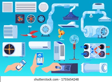 Air conditioner ventilation system vector illustration set. Cartoon flat collection of conditioning or regulation temperature devices in home, ventilator propeller fan, exhaust hood isolated on white