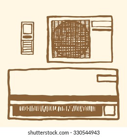 Air conditioner. Vintage style, hand drawn pen and ink. Inside and outside units and remote control. Retro design element for packaging or wrapping