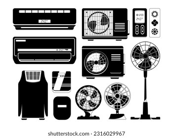 Air Conditioners, Fans Black Icons Set. Conditioning Home And Industrial Ventilation System. Climate Control Split Units