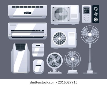 Air Conditioners, Fans Icons Set. Conditioning, Home And Industrial Ventilation System. Climate Control Split Units