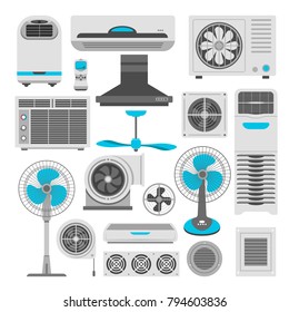 Air conditioners and fans or air purifiers humidifiers vector flat icons set