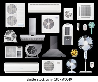 Air conditioners, fans and range hoods vector icons set of conditioning, home and industrial ventilation system. Climate control split units, air duct vent, wall and floor fans with remote control