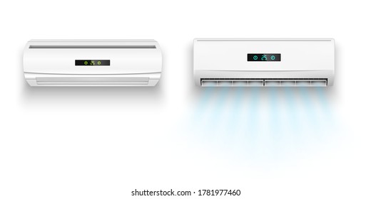 Air conditioners with air flow. Realistic vector illustration isolated on white background