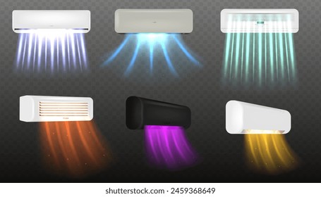Air conditioners with flows of cold, hot and fresh clean air. Electronic device for monitoring the room temperature. Realistic air conditioning split system indoor