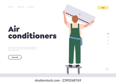 Air conditioners landing page design with master engineer installing and fixing conditioning system