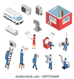 Air conditioners service isometric set with delivery van installation maintenance serviceman customer apartment cooling isolated vector illustration 