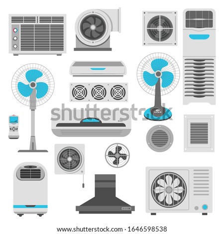 Air conditioners and ventilators set. Ceiling, column and portable AC unit, split system, electric fan, air purifier and kitchen range hood exhaust fan. Climate control equipment. Vector illustration.