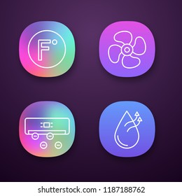 Air conditioning app icons set. Fahrenheit degrees, exhaust fan, ionizer, air humidification. UI/UX user interface. Web or mobile applications. Vector isolated illustrations