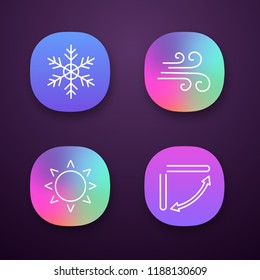 Air conditioning app icons set. Snowflake, airflow, sun, air conditioner louvers. UI/UX user interface. Web or mobile applications. Vector isolated illustrations