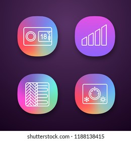 Air conditioning app icons set. Digital thermostat, power level, floor heating, climate control. UI/UX user interface. Web or mobile applications. Vector isolated illustrations