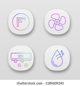 Air conditioning app icons set. Fahrenheit degrees, exhaust fan, ionizer, air humidification. UI/UX user interface. Web or mobile applications. Vector isolated illustrations