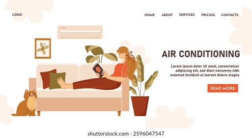 Air conditioning banner. Woman sitting on sofa near cooler and conditioner. Smart device and gadget for cooling indoors. Climate control. Landing page design. Flat vector illustration