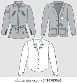 Air Conditioning Blazer Jacket for Women. Technical illustration of the jacket. Flat lay clothing jacket template front and back, white color. Women CAD mockup.