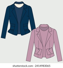 Air Conditioning Blazer Jacket for Women. Technical illustration of the jacket. Flat lay clothing jacket template front and back, white color. Women CAD mockup.