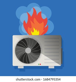 Klimaanlage brennt, feuerbeschädigte Klimaanlage.Konzeptionelle Vektorillustration in flachem Design.Einzeln auf dem Hintergrund.