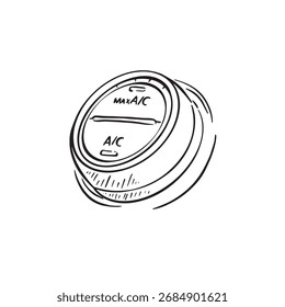 Air conditioning button in a car. Hand drawn in black and white. 