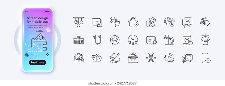 Air conditioning, Calendar and Checkbox line icons for web app. Phone mockup gradient screen. Pack of Touchscreen gesture, Leadership, Seo phone pictogram icons. Vector