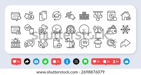 Air conditioning, Calendar and Checkbox line icons pack. Social media: share, comment, like icons. Touchscreen gesture, Leadership, Seo phone web icon. Vector